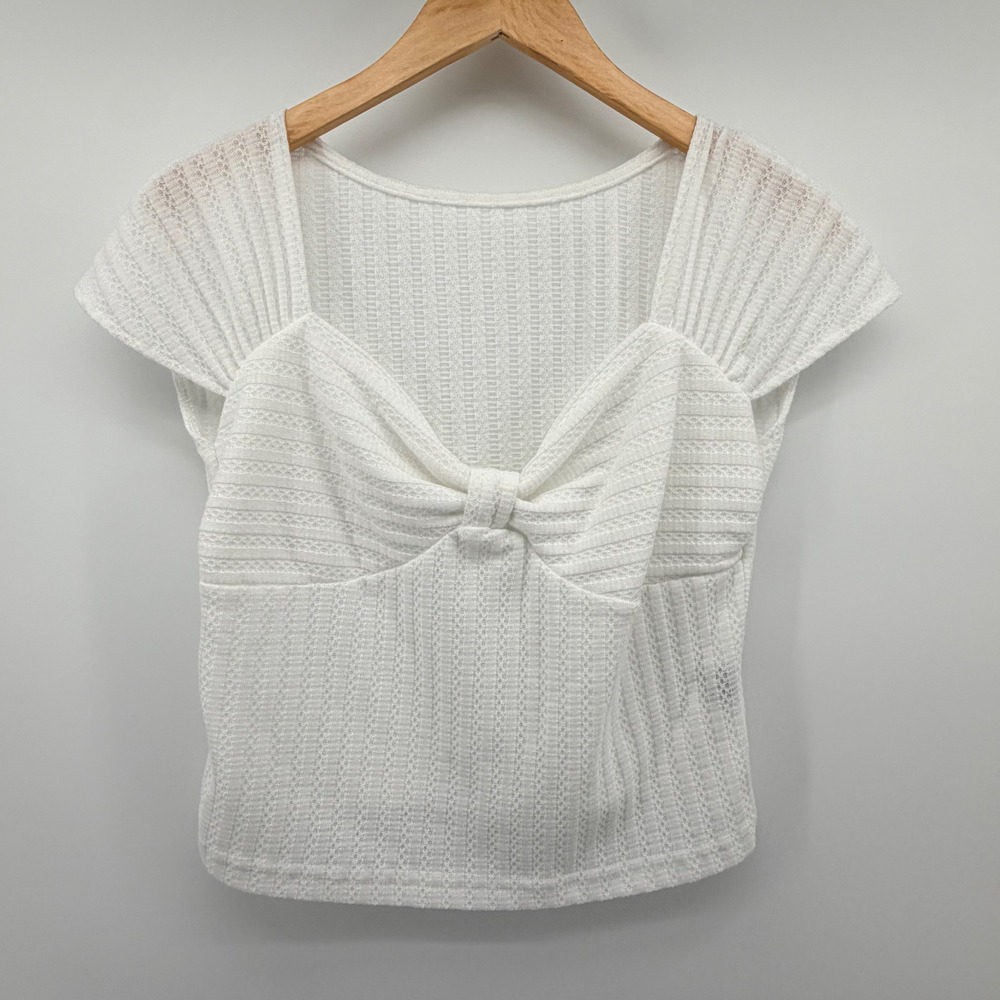 Dazy Crop Top Women XL White Sweetheart Tie Front Pointelle Knit Cap Sleeve Tee